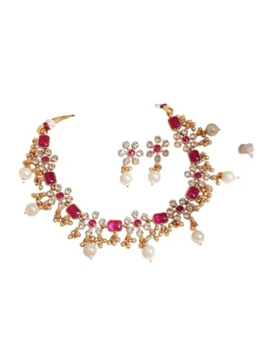 Collar de latón chapado en oro de 22k con rubí DMZ-2507 joya artesanal para mujer