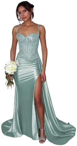 Satin Mermaid Prom Dress 2026 Lace Sequin Formal Dresses for Women Spaghetti Straps Long Ball Gown with Slit