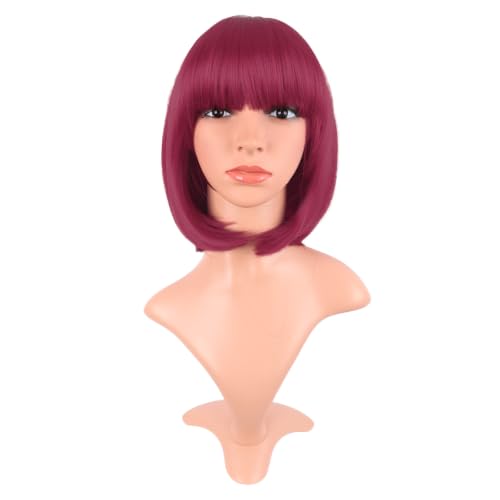 Image of MapofBeauty 12 Inch /30 cm Fashion Lady Short Straight Synthetic Flat Bangs Bob Wig (Blood Red)