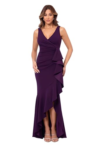Image of Betsy & Adam Women's V-Neck Hi Low Sleeveless Floor Length Cascade Dress with Draped Ruffle