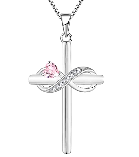 YL Infinity Cross Necklace Sterling Silver Crucifix Pendant Heart Created Pink Tourmaline Criss Jewelry for Women