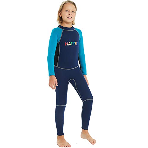 NATYFLY Neoprene Wetsuits for Kids Boys Girls Back Zipper One Piece Swimsuit UV Protection-Brand (Blue-2MM-Long Sleeve, L-for Height 47"-52") - Thumbnail 4