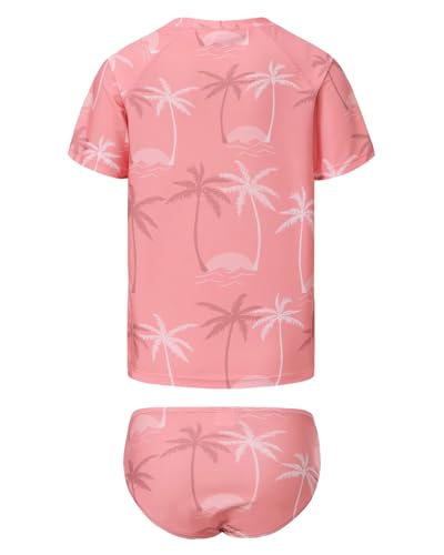 Image of Girls Two Piece Rash Guard Swimsuits Set Short Sleeve Bathing Suit for Kids Hawaiian Swimwear Set 3-16 Years