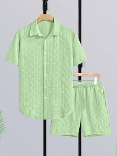 Image of GRECIILOOKS Men'S Summer Casual Two Piece Outfit, Textured Button Down Shirt and Shorts Set, Lightweight Poly Blend Co-Ord for Beach, Travel & Lounge Wear