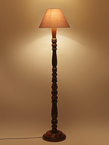 Image of Floor Lamp with Wooden Base - Height 55 inch, Grey | Modern Standing Lamp for Living Room, Bedroom & Office | Stylish & Elegant Home Lighting Decor | Tall Decorative Lamp
