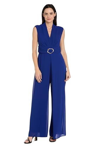 Image of R&M Richards Women's Sleeveless Jumpsuit with Sculpted Buckle Detail & Flowing Overlay for Formal Occasions, Wedding Guest