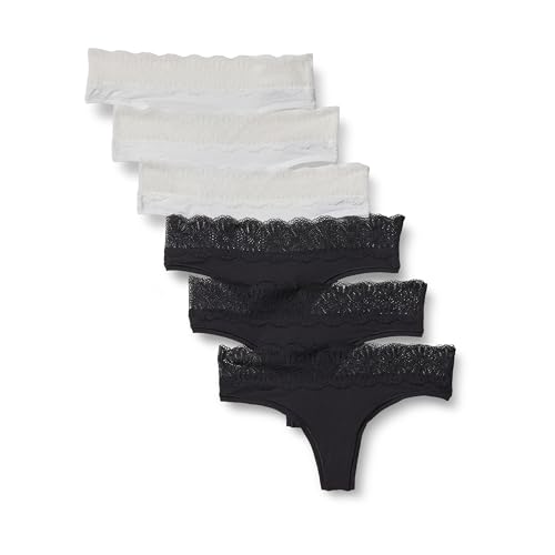 Amazon Essentials Women's Microfibre with Lace Trim Ladies Knickers, Bikini, Boyshort, Thong and Full Brief Styles, Pack of 6, Black / White, Small