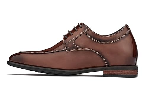 Image of CALTO Men's Invisible Height Increasing Elevator Shoes - Caramel Brown Patent Leather Lace-up Formal Dress Oxfords - 2.8 Inches Taller - K2711 - Size 6.5 D(M) US