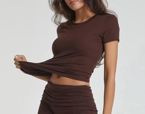 Image of ZFLM Casual Workout Two Piece Outfits for Women Short Sleeve Crop High Waist Foldover Flare Pants Tracksuit Sets Streetwear