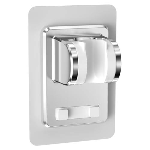 WinGluge Support Pommeau de Douche avec 2 Crochets, Support Douche Sans Percage, Porte Pommeau de Douche Installation Facile, Support de Douchette Universel Angle Réglable pour Salle Bain (Argent)