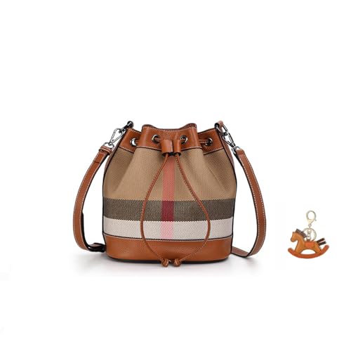 Bucket Tote Bag for Women, Small Leather and Canvas Crossbody Bag, Ladies Tote Bag with Shoulder Strap