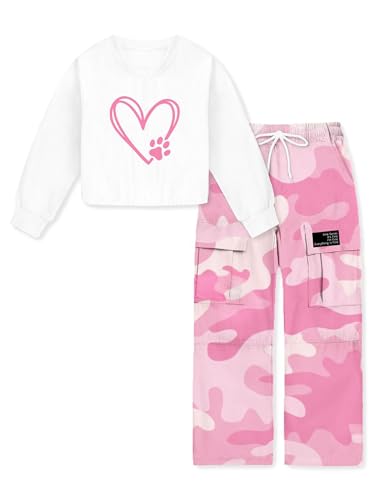 Image of Betusline Girl's 2 Piece Outfits, Cute Girls Fall Clothing Sets Cargo Pants + T-Shirt Top, 4T-14 Years