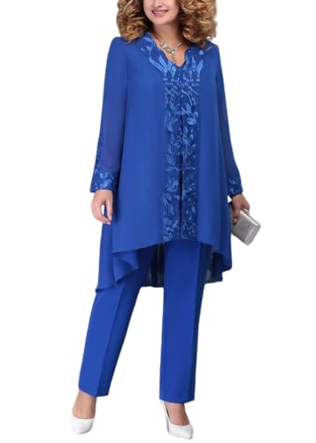 shownicer Hosenanzug Damen Festlich Elegant 2 Teiler Chiffon Shirt Und Hohe Taille Hosenanzug Große Größen Tüll Abendanzug Sets Zweiteiler Outfit Set Brautmutter Anzug F Blau 4XL