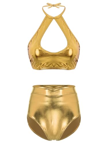 Yhong Brillantes trajes rave mujer soporte bikini conjuntos de sujetador top panty alto corte inferior traje de baile metálico traje de baño traje de baño dancewear, dorado, L