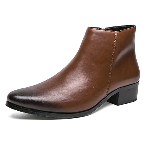 Men's Leather Slip on Dress Chelsea Ankle Boots with Side Zipper Casual Fashion Cowhide Pointed Toe Chunky Heel Oxfords Booties for Formal Events Working Business