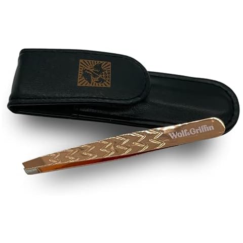 Wolf & Griffin Rose Gold Ultimate Precision Tweezers with Case | Stainless Steel with Rose Gold Coating | Professional Slant Tweezers Cover
