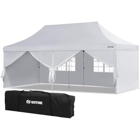 OUTFINE Heavy Duty Canopy Pop Up Canopy Gazebo Commercial Tent with 4 Removable Sidewalls, Stakes X12, Ropes X6 for Patio Outdoor Party Events (White, 10x20FT) Cover