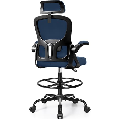 Image of Drafting Chair, Tall Office Chair for Standing Desk, Ergonomic High Back with Headrest, Lumbar Support, Foot Ring and Flip-up Armrests, Navy Blue