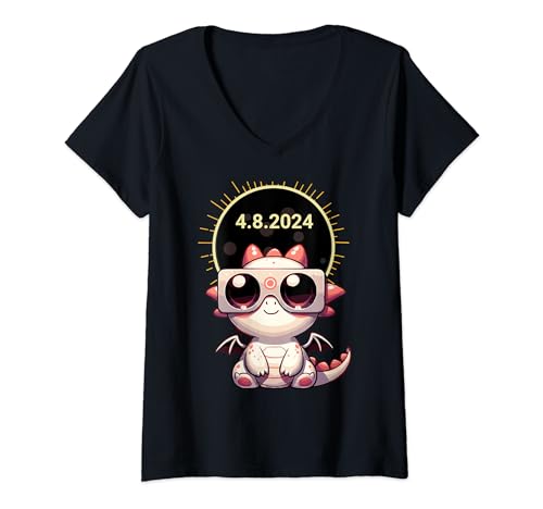 Femme Éclipse solaire totale Dragon Eclipse Watcher 2024 Axolotl 4.8 T-Shirt avec Col en V