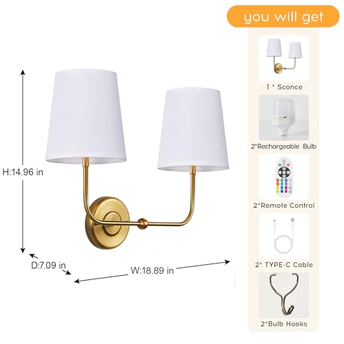 Image of PASSICA DECOR Vintage Gold 2-Light Battery Operated Double Wall Sconce with Dual Head No Wiring Dimmable Cordless Sconces with Remote Control Indoor Light Fixture for Bedroom Living Room Art Gallery