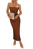PRETTYGARDEN Women's Summer Bodycon Maxi Tube Dress Ribbed Strapless Side Slit Long Going Out Casual Elegant Party Dresses (Brown,Medium)