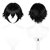 Aicos Short Black Anime Wig for Men Black Cosplay Wig with Spiky Bangs for Comic-Con, Halloween