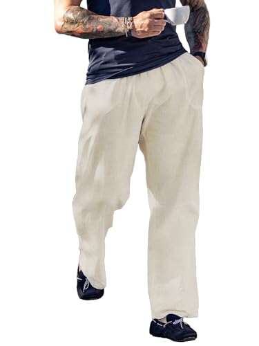 KAWATA Mens Casual Linen Pants Lightweight Elastic Waist Loose Fit Yoga Pant Beach Trouser