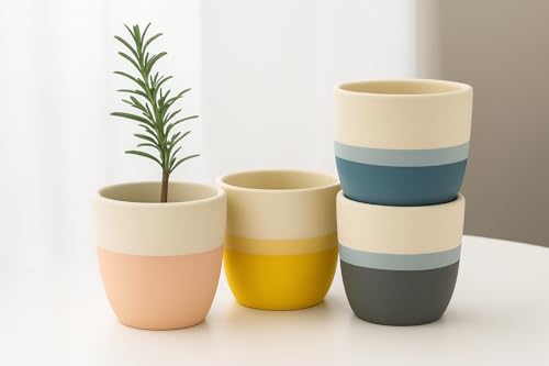 Image of Yo Green Ceramic Set of 2 Pot Indoor /Outdoor Plant - Modern Planter for Home and Office, Durable Ceramic, Stylish Finish with Vertical Ridges, Great Gift Idea (White /Grey)