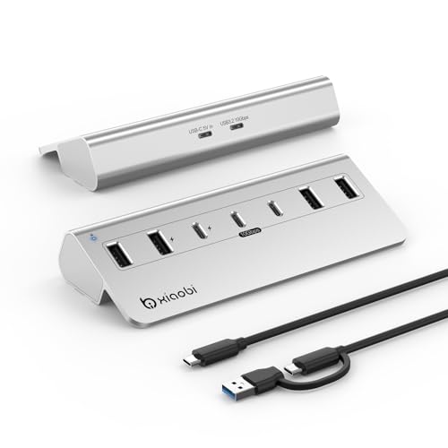 USB C Hub,Powered USB Hub with 5V 3A Power Adapter, 10Gbps USB Splitter with 4 USB-A and 3 USB-C Ports, 7-Port Type C Multiport Adapter for MacBook Air/Pro, iPhone 16/15, Laptop and More(Silver)