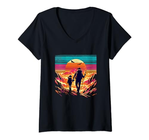 Mujer padre hija estilo vintage montaña senderismo camping amigo Camiseta Cuello V