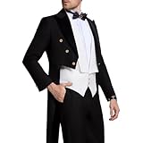 Wehilion Men's Tuxedo Suit 3 Piece Peacked Lapel Slim Fit Swallow Long Tailcoat Performances Dinner Party Wedding Jacket Vest Pants Black M