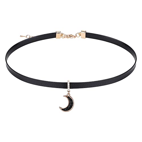 Yolev Choker Schwarz Halskette Damen Leder Goth Halskette Schwarzes Halsband Gothic Choker Halsband Kette mit Mond Anhänger Schmuck Lederkette Damen Mädchen Weihnachten Zubehör Cover