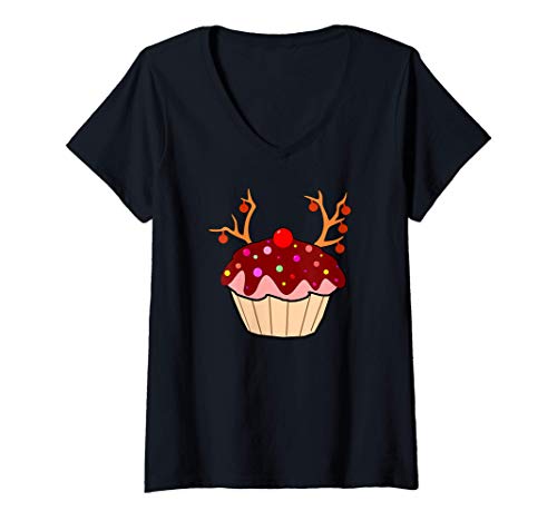 Mujer Cute Christmas Cupcake Reindeer Funny Baking Xmas Party Gift Camiseta Cuello V