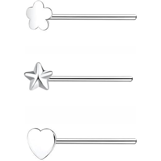 Sterling Silver Star Flower Heart Nose Pin Set Pack of 3