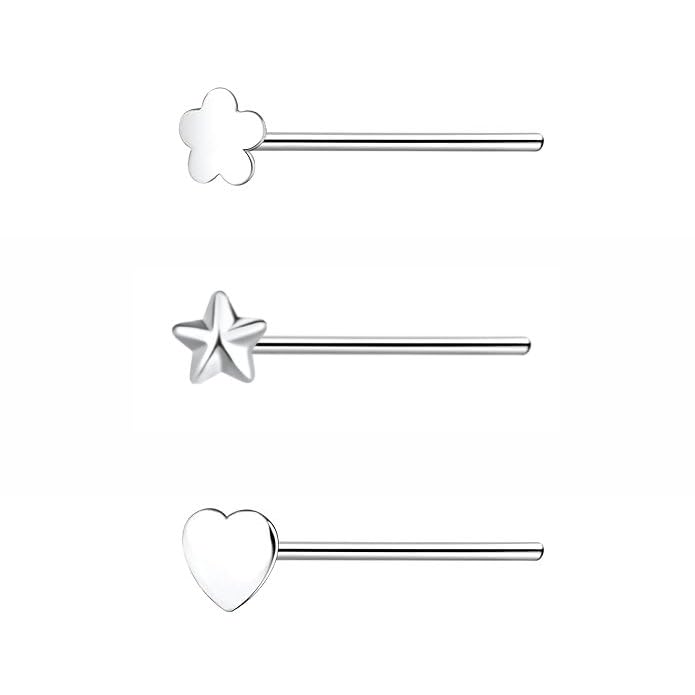 92.5-925 Sterling Silver Chandi Combo Of Star Flower Heart Nose Pin Stud Set For Women and Girls (NR0246) Pack Of 3 Pcs-image-47