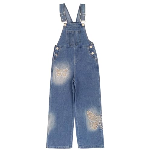 Peacolate Butterfly Embroidery Blue Denim Overalls for Girls