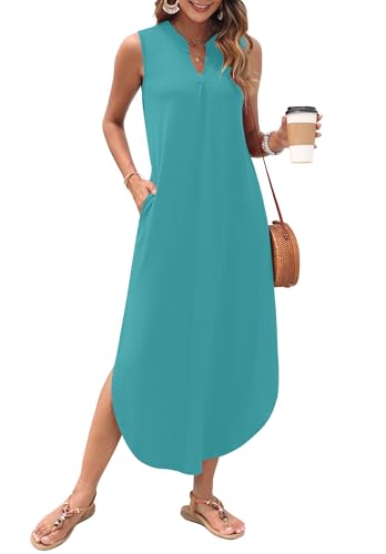 Image of AUSELILY Womens Summer Casual Maxi Dresses 2026 Sleeveless Long Beach Dresses V Neck Loose Sundresses with Side Split Pockets