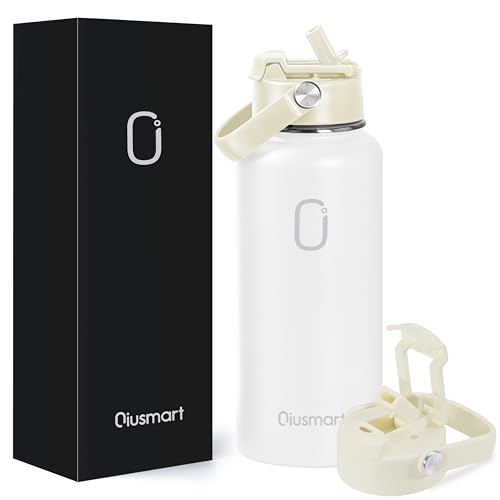 Qiusmart Stainless Steel Water Bottle with Straw, 1 Litre, Leak-Proof Double-Walled Vacuum Insulated Bottle for Sports, Travel, Gym, BPA-Free (White)