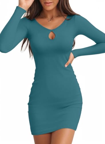 Image of Valiamcep Women's Long Sleeve Dress Crewneck Bodycon Dresses Ribbed Knit Slim Fit Casual Mini Dress
