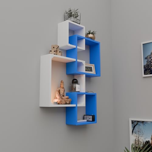 Image of ETIQUETTE ART Floating Cube Shelves - Intersecting Wall Mounted Shelves - Wall Decor Square Shelves for Bedrooms, Living Rooms & More - Set of 4 Box Shelves (Blue & White)