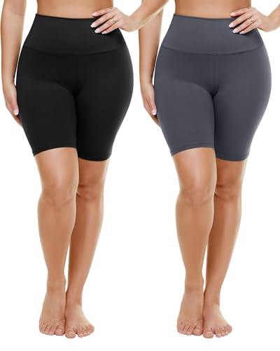 TNNZEET 2 Pack Plus Size Biker Shorts for Women - 8" Black High Waisted Tummy Control Spandex Workout Shorts (XL-4XL)
