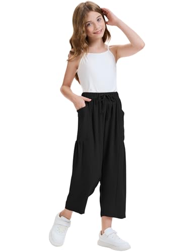 Image of COZYPOIN Girl's Wide Leg Pants Elastic Waist Loose Fit Flowy Casual Beach Palazzo Harem Trousers with Pockets 5-14 Y