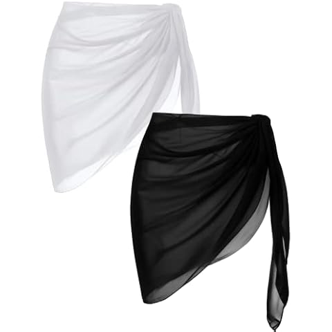 MooonGem 2pcs Beach Cover Up for Women, Chiffon Sarong Swimsuit Coverup for Pool, Summer Resort Wear Black White (Black+White, M) Cover