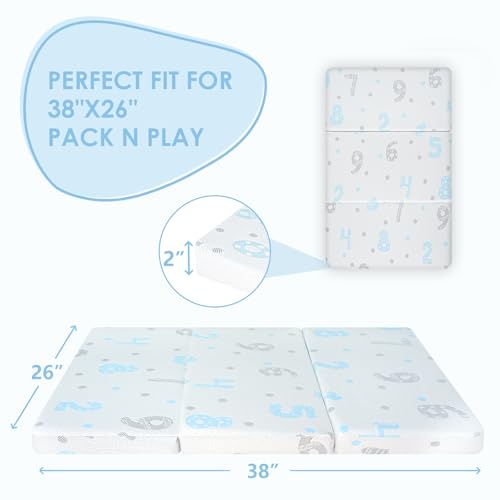 Image of Trifold Pack and Play Mattress Pad, 38 inchx26 inch Memory Foam Pack N Play Mattresses for Baby Toddler, Foldable Portable Travel Crib Mattress for Pack N Play with Carry Bag