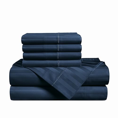 Casa Platino 100% Egyptian Cotton Sheets Full Size Set - 6 Pieces - Damask Stripe- Ultra Smooth Sateen Weave Bed Sheets Set with 15" Deep Pockets - Navy Blue