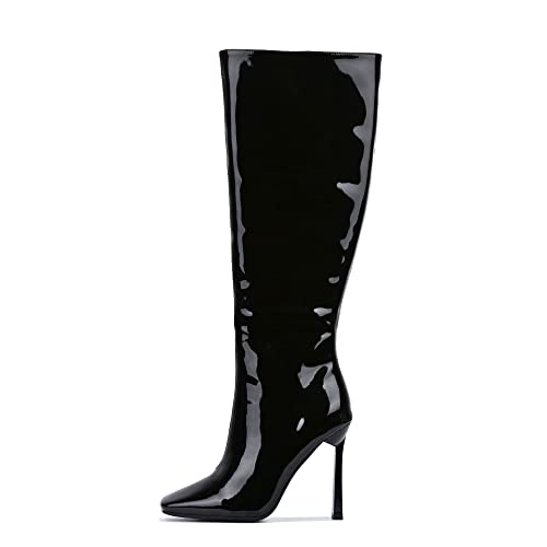 Cape Robbin Simoni Patent Knee High Boots Women, Square Toe Boots For Women With Stiletto Heels, Fashion Dress Boots For Women - Black Size 10 #TOP20