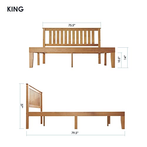 Mellow Marley 14 Inch Solid Wood Platform Bed with Paneled Headboard, Natural Pine, King