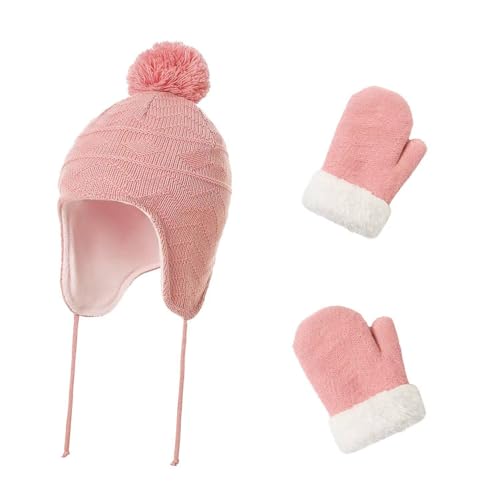 Image of Kids Winter Beanie Hat Mittens Set Warm Fleece Hat Baby Toddler Knitted Hat & Gloves for Boys, Girls