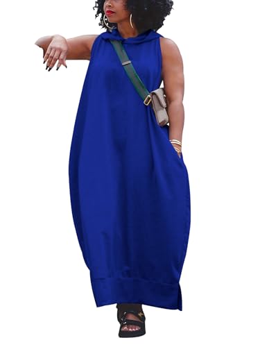YeGine Oversize Tshirt Dress Women Summer Sleeveless Maxi Dress with Pockets Royal Blue 2XL