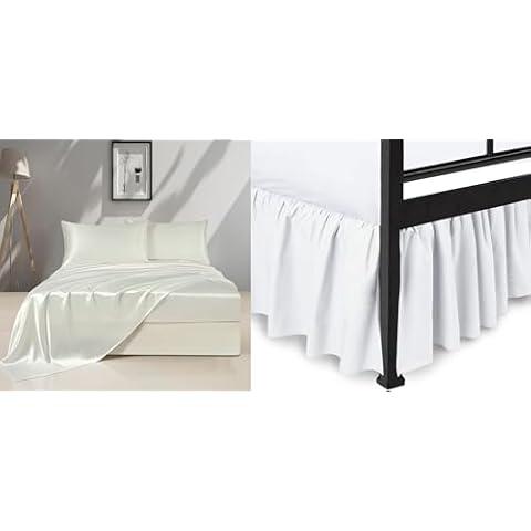 Peace Sleep Bedding - Silk Satin Bed Sheets Set & Microfiber Ruffled Bed Skirt with Split Corners Cover